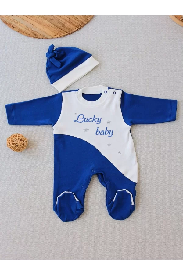 Luz&Pos 0-3 3-6 Ay Lucky Baby Nakışlı Es Çizgi Boy Şapkalı Erkek Bebek Tulumu Lacivert