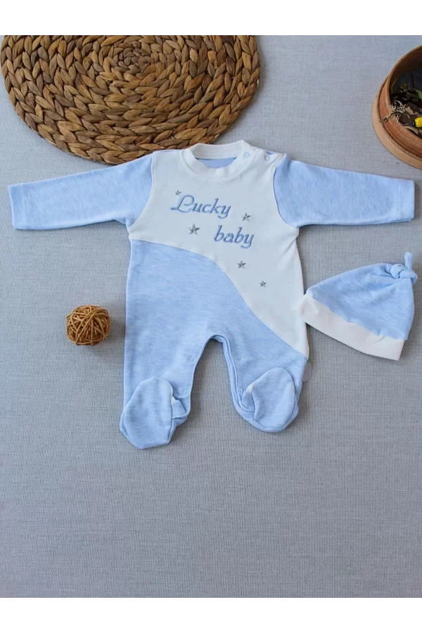 Luz&Pos 0-3 3-6 Ay Lucky Baby Nakışlı Es Çizgi Boy Şapkalı Erkek Bebek Tulumu Mavi