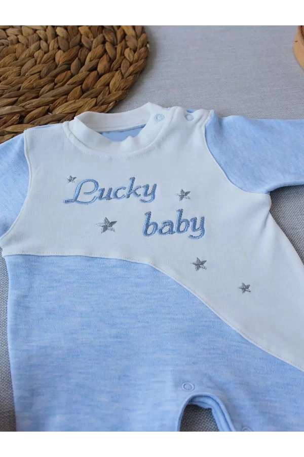 Luz&Pos 0-3 3-6 Ay Lucky Baby Nakışlı Es Çizgi Boy Şapkalı Erkek Bebek Tulumu Mavi