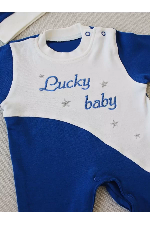 Luz&Pos 0-3 3-6 Ay Lucky Baby Nakışlı Es Çizgi Boy Şapkalı Erkek Bebek Tulumu Lacivert