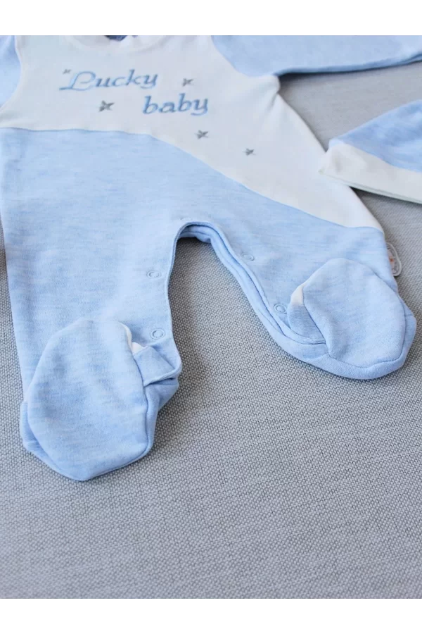 Luz&Pos 0-3 3-6 Ay Lucky Baby Nakışlı Es Çizgi Boy Şapkalı Erkek Bebek Tulumu Mavi