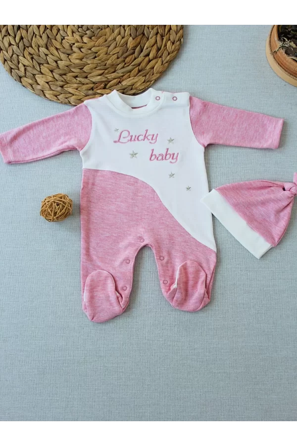 Luz&Pos 0-3 3-6 Ay Lucky Baby Nakışlı Es Çizgi Boy Şapkalı Kız Bebek Tulumu Pembe