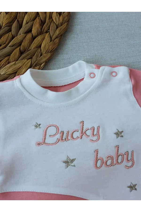 Luz&Pos 0-3 3-6 Ay Lucky Baby Nakışlı Es Çizgi Boy Şapkalı Kız Bebek Tulumu Pudra