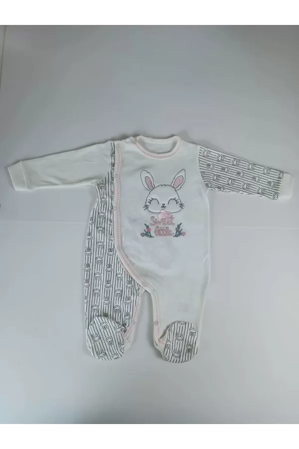 Luz&Pos 0-3 3-6 Ay Minik Tavşan Nakışlı Boydan Çıtçıt Kapamalı Kız Erkek Bebek Tulumu Ekru