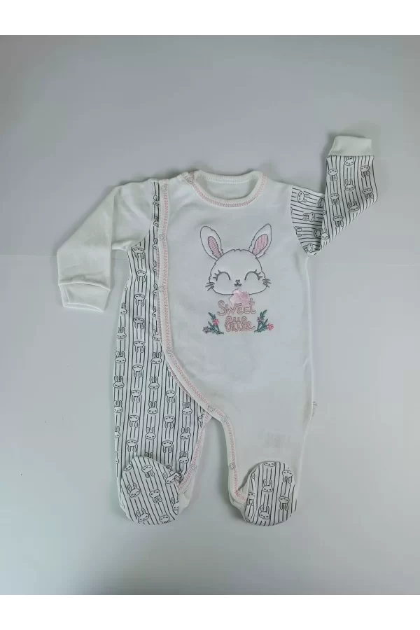 Luz&Pos 0-3 3-6 Ay Minik Tavşan Nakışlı Boydan Çıtçıt Kapamalı Kız Erkek Bebek Tulumu Ekru