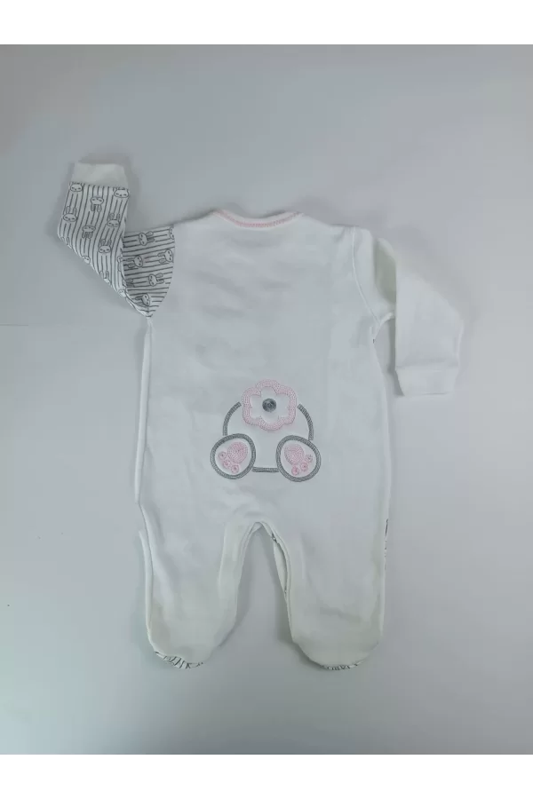 Luz&Pos 0-3 3-6 Ay Minik Tavşan Nakışlı Boydan Çıtçıt Kapamalı Kız Erkek Bebek Tulumu Ekru