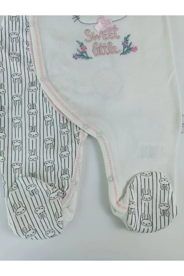 Luz&Pos 0-3 3-6 Ay Minik Tavşan Nakışlı Boydan Çıtçıt Kapamalı Kız Erkek Bebek Tulumu Ekru