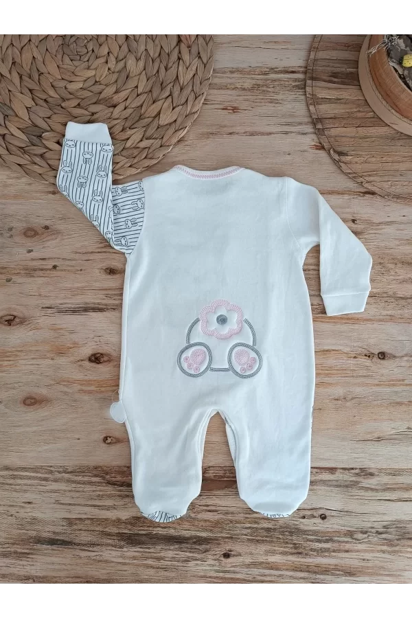 Luz&Pos 0-3 3-6 Ay Minik Tavşan Nakışlı Boydan Çıtçıt Kapamalı Kız Erkek Bebek Tulumu Ekru