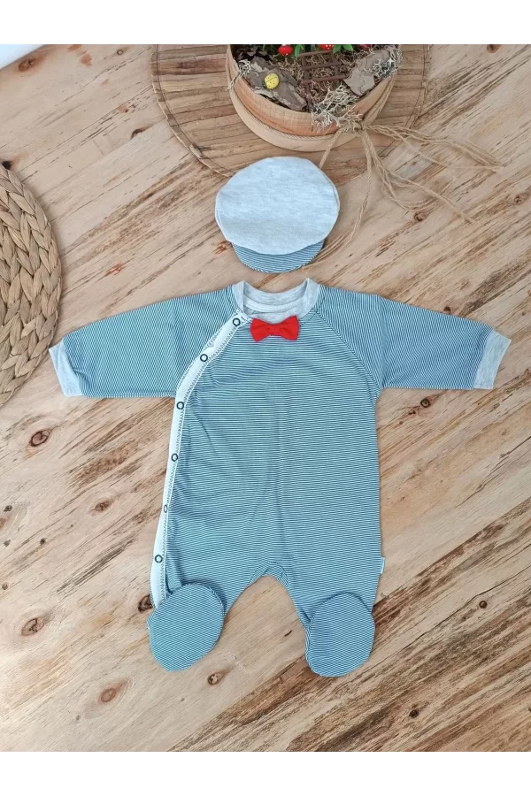 Luz&Pos 0-3 3-6 Ay Papyonlu Çizgi Desen Çıtçıt Kapama Kasketli Erkek Bebek Tulumu Lacivert