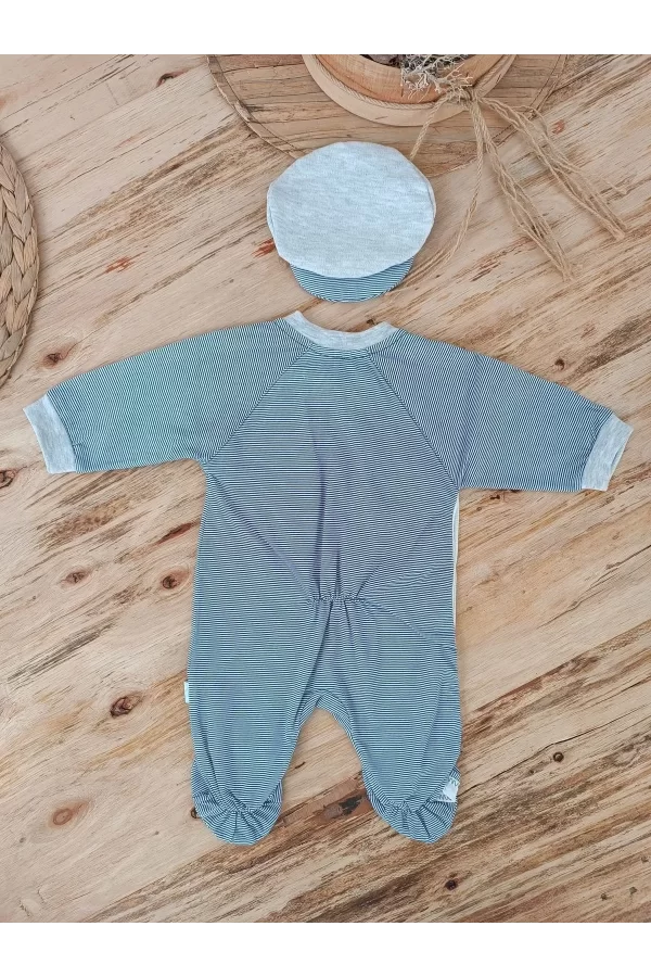 Luz&Pos 0-3 3-6 Ay Papyonlu Çizgi Desen Çıtçıt Kapama Kasketli Erkek Bebek Tulumu Lacivert