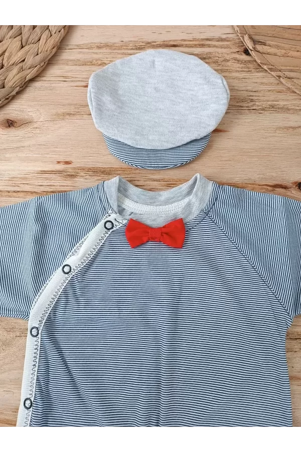 Luz&Pos 0-3 3-6 Ay Papyonlu Çizgi Desen Çıtçıt Kapama Kasketli Erkek Bebek Tulumu Lacivert