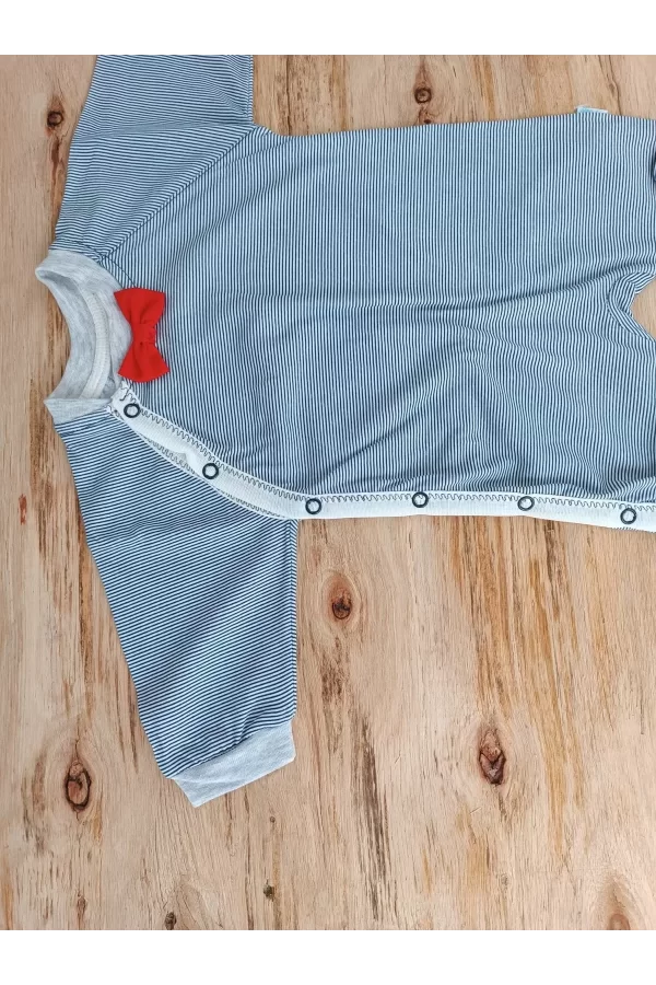 Luz&Pos 0-3 3-6 Ay Papyonlu Çizgi Desen Çıtçıt Kapama Kasketli Erkek Bebek Tulumu Lacivert
