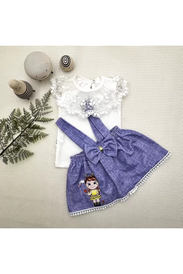 Luz&Pos 1-2-3 Yaş Bayan Arı Nakışlı Kot Desenli Etek Pamuklu Kumaş 2li Kız Bebek Salopet Takımı Mavi