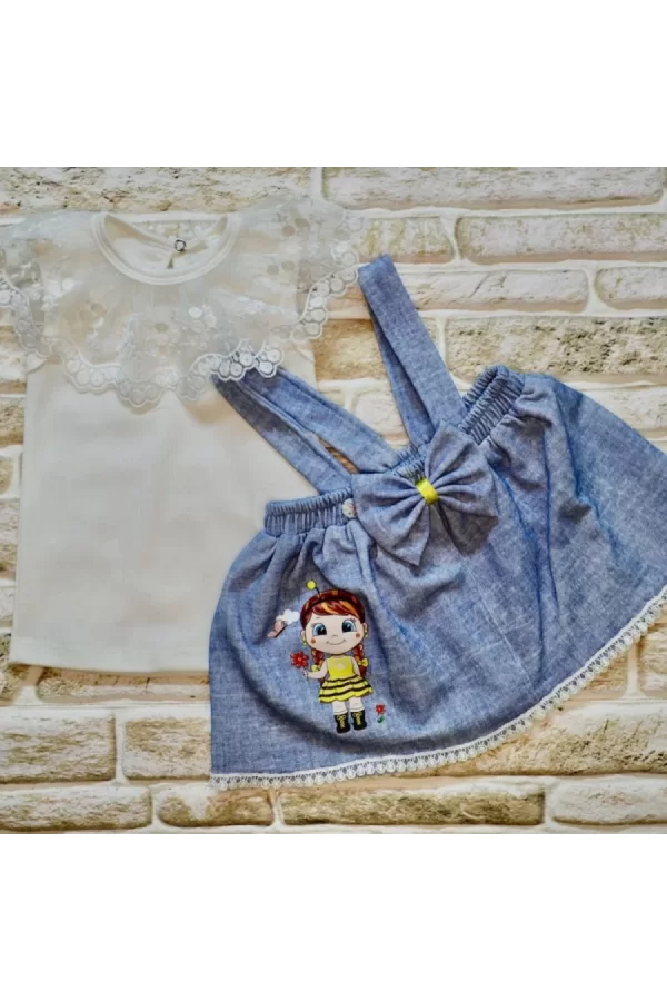 Luz&Pos 1-2-3 Yaş Bayan Arı Nakışlı Kot Desenli Etek Pamuklu Kumaş 2li Kız Bebek Salopet Takımı Mavi