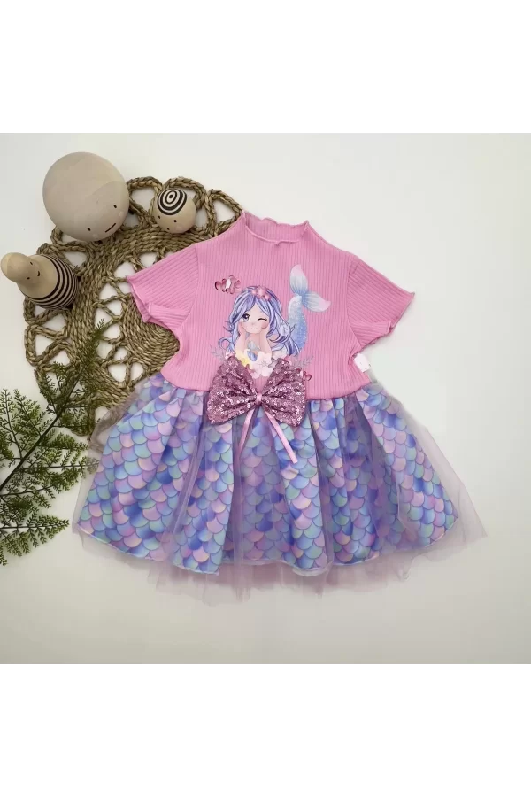 Luz&Pos 1-2-3 Yaş Denizkızı Baskılı Pul Desen Etekli Kız Bebek Elbisesi Pembe