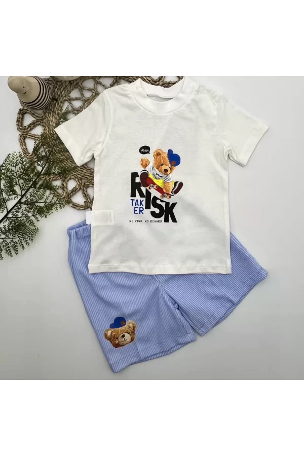 Luz&Pos 1-2-3 Yaş Kaykaycı Ayı Baskılı Şortlu Kısa Kollu Tişört 2li Erkek Bebek Takımı Ekru