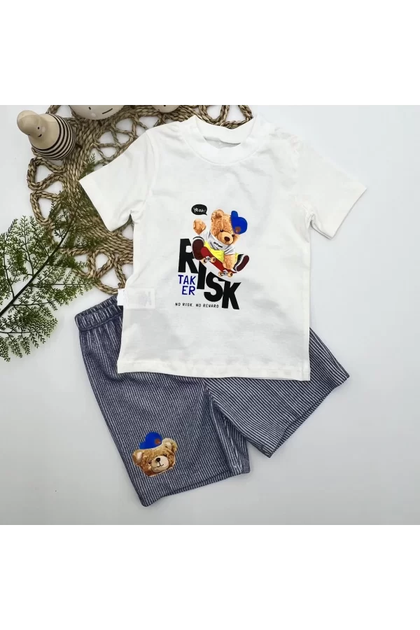 Luz&Pos 1-2-3 Yaş Kaykaycı Ayı Baskılı Şortlu Kısa Kollu Tişört 2li Erkek Bebek Takımı İndigo
