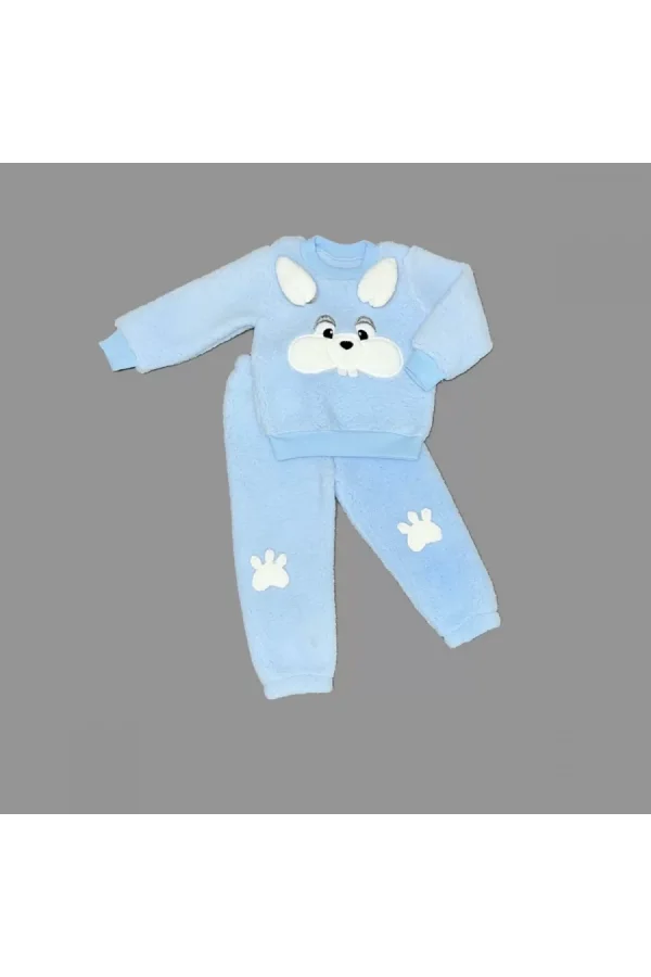 Luz&Pos 1-2-3 Yaş Kulaklı Tavşan Figürlü Kuzu Kumaş Sweat Pantolon Uzun Kollu Kız Erkek 2 Li Takımı Mavi