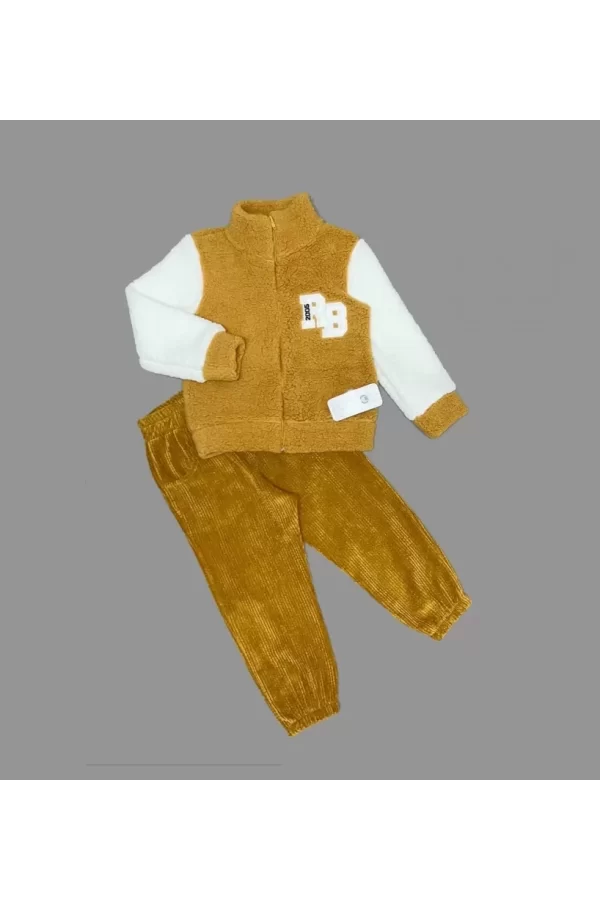 Luz&Pos 1-2-3 Yaş Kuzu Kumaş Fermuarlı Sweat Kadife Pantolonlu Uzun Kollu Kız Erkek Çocuk 2li Takım Hardal