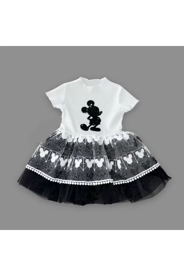 Luz&Pos 1-2-3 Yaş Payetli Mickey Baskılı Brode Etekli Kız Bebek Elbisesi Siyah