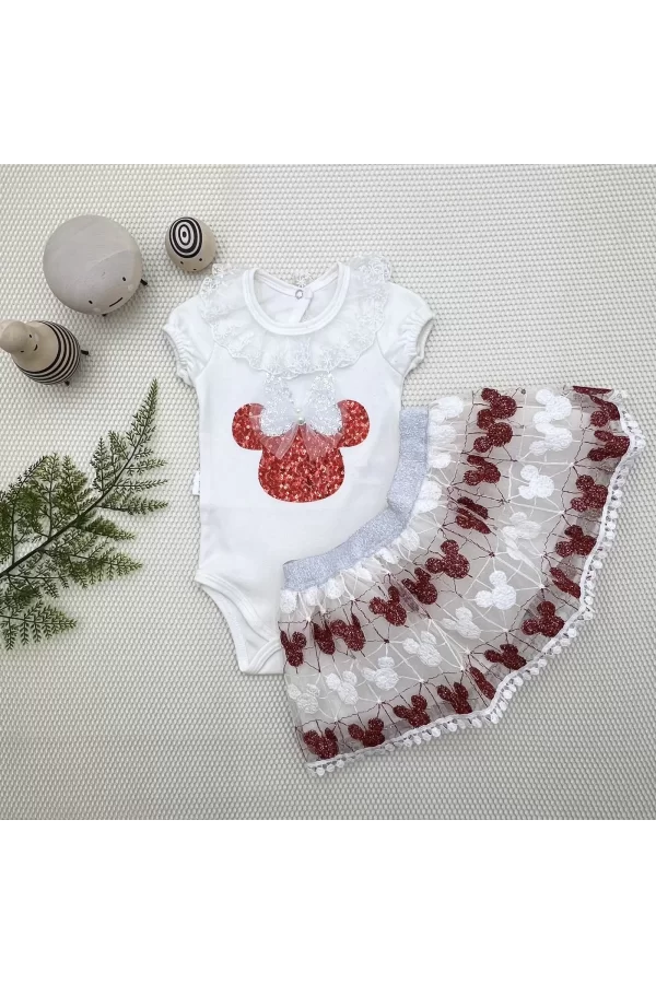 Luz&Pos 1-2-3 Yaş Payetli Mickey Nakışlı Kısa Kollu Brode Etekli 2li Kız Bebek Takımı Kırmızı
