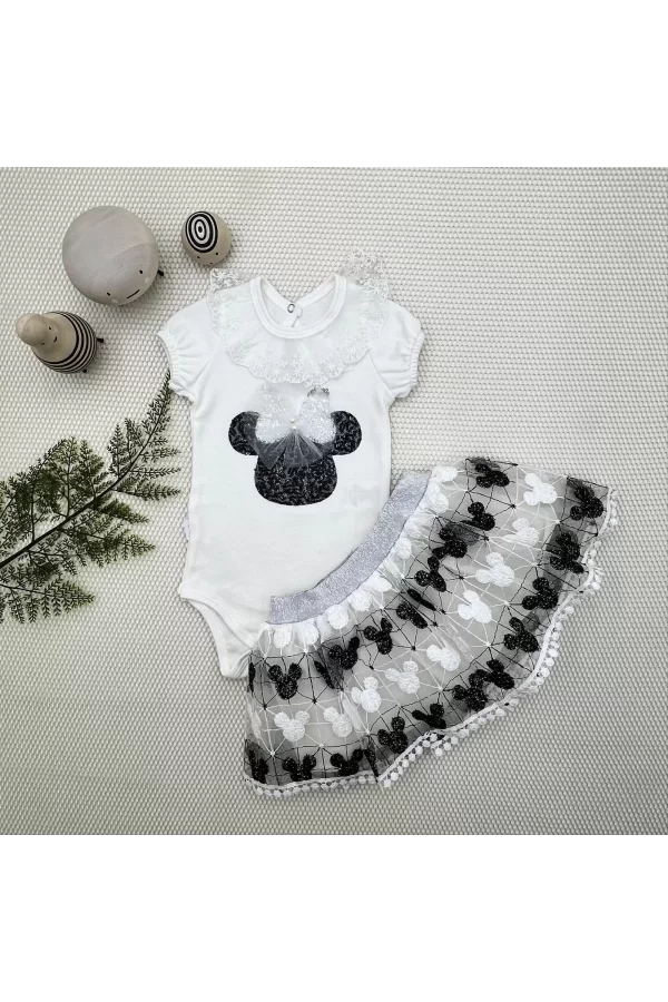 Luz&Pos 1-2-3 Yaş Payetli Mickey Nakışlı Kısa Kollu Brode Etekli 2li Kız Bebek Takımı Siyah