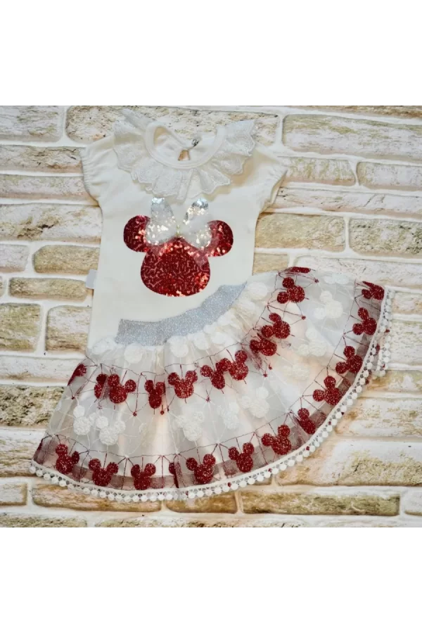 Luz&Pos 1-2-3 Yaş Payetli Mickey Nakışlı Kısa Kollu Brode Etekli 2li Kız Bebek Takımı Kırmızı