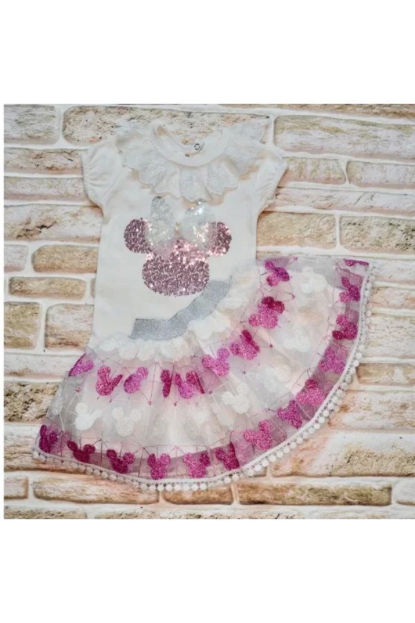 Luz&Pos 1-2-3 Yaş Payetli Mickey Nakışlı Kısa Kollu Brode Etekli 2li Kız Bebek Takımı Fuşya