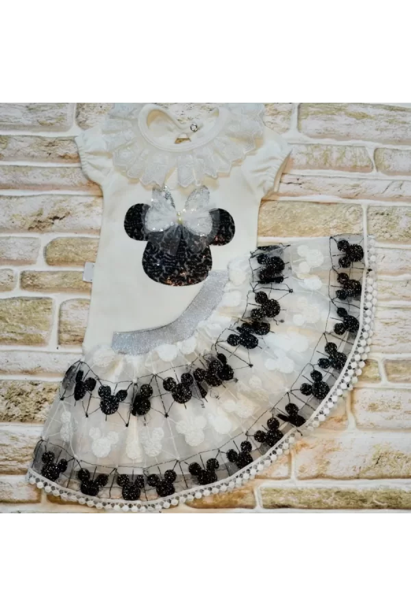 Luz&Pos 1-2-3 Yaş Payetli Mickey Nakışlı Kısa Kollu Brode Etekli 2li Kız Bebek Takımı Siyah