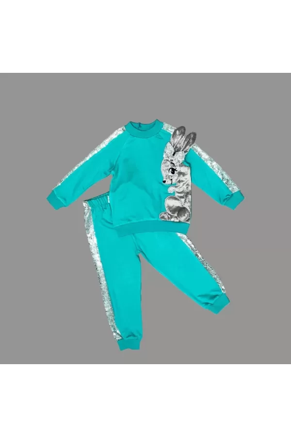 Luz&Pos 1-2-3 Yaş Payetli Pelüş Tavşan Desenli Likra Penye Kumaş Sweat Pantolonlu Kız 2li Çocuk Takımı Mint Yeşili