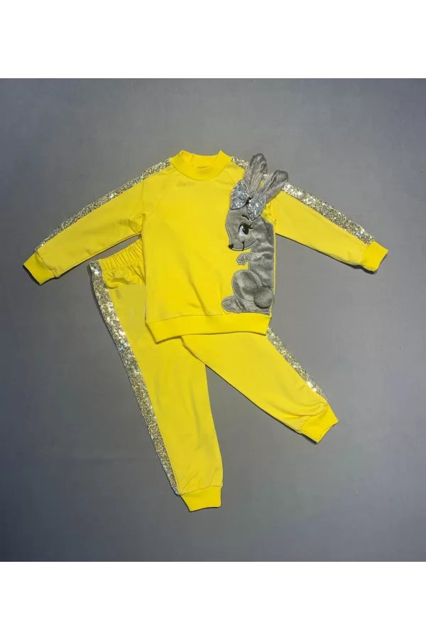 Luz&Pos 1-2-3 Yaş Payetli Pelüş Tavşan Desenli Likra Penye Kumaş Sweat Pantolonlu Kız 2li Çocuk Takımı Sarı