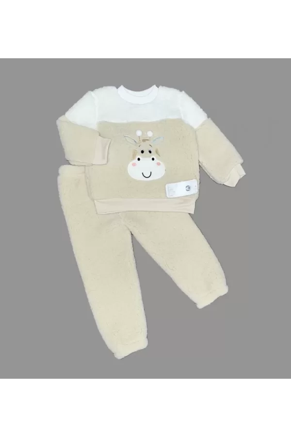 Luz&Pos 1-2-3 Yaş Ponponlu Zürafa Desenli Kuzu Kumaş Uzun Kollu 2li Kız Erkek Çocuk Takımı Bej