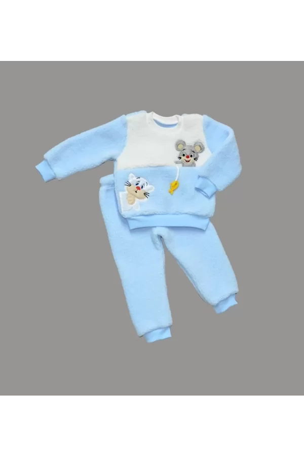 Luz&Pos 1-2-3 Yaş Sallanan Balık Nakışlı Kuzu Kumaş Sweat Pantolon Uzun Kollu Kız Erkek 2 Li Takımı Mavi