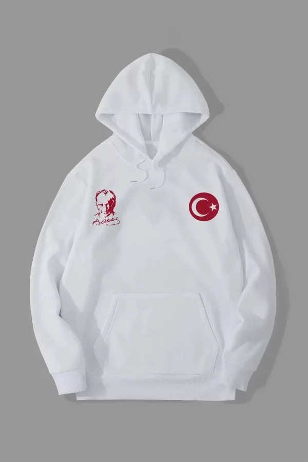 Luz&Pos 10 Kasıma Özel Üç İplik Kapüşonlu Baskılı Sweatshirt - Beyaz