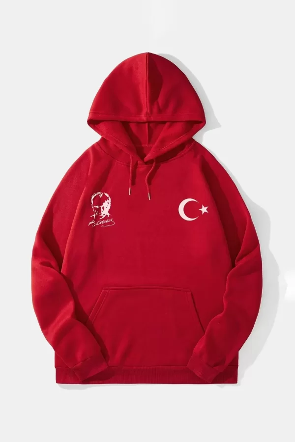 Luz&Pos 10 Kasıma Özel Üç İplik Kapüşonlu Baskılı Sweatshirt - Kırmızı