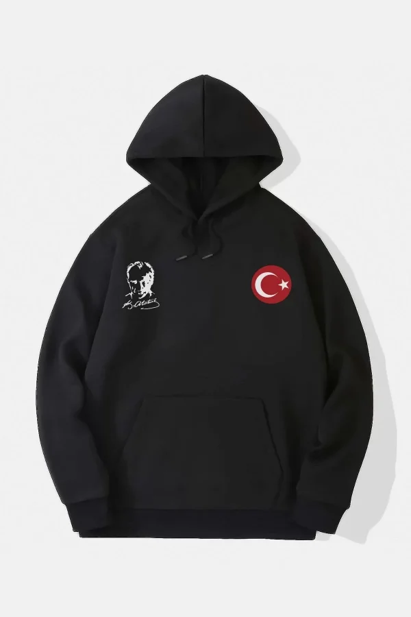 Luz&Pos 10 Kasıma Özel Üç İplik Kapüşonlu Baskılı Sweatshirt - Siyah