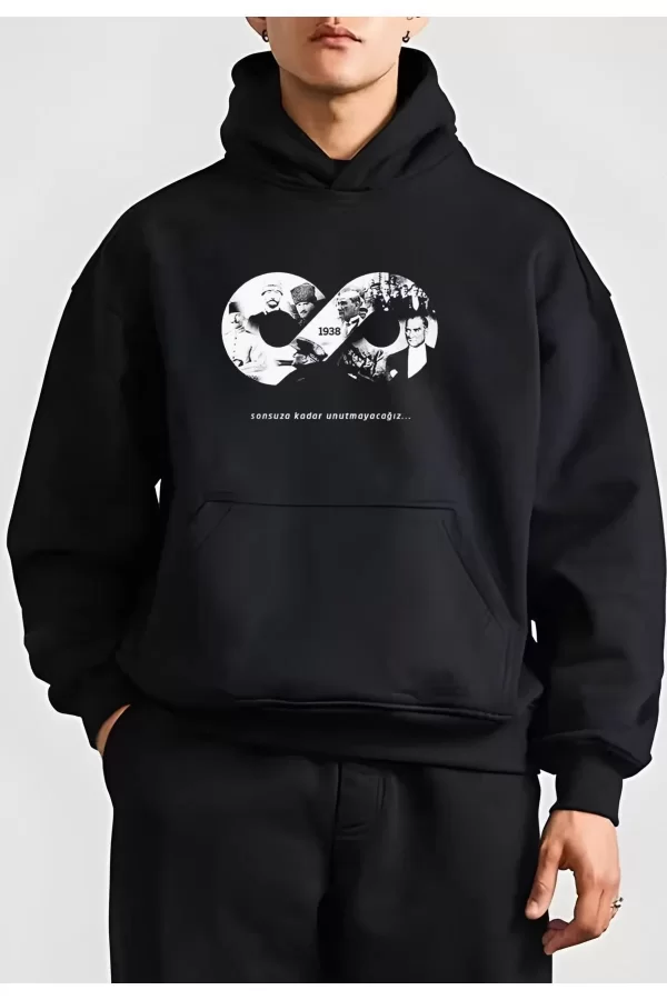 Luz&Pos 10 Kasıma Özel Üç İplik Kapüşonlu Baskılı Sweatshirt - Siyah