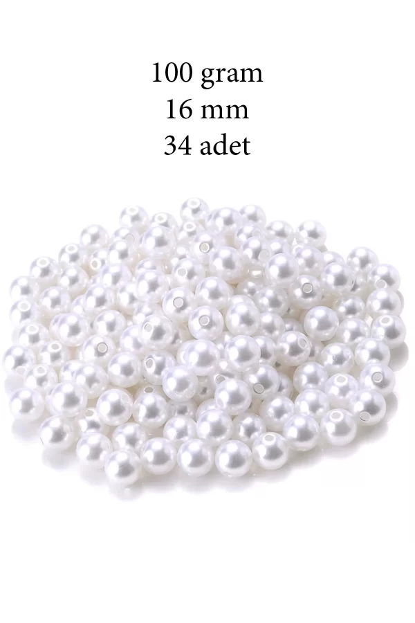 100 gram 16mm Beyaz Renk Plastik İnci Boncuk Çanta ve Takı Yapım Boncuğu (~34 adet)
