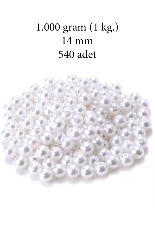 1.000 gram (1 kg.) 14mm Beyaz Renk Plastik İnci Boncuk Çanta ve Takı Yapım Boncuğu (~540 adet)