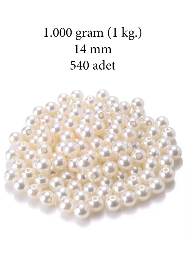 1.000 gram (1 kg.) 14mm Krem Renk Plastik İnci Boncuk Çanta ve Takı Yapım Boncuğu (~540 adet)