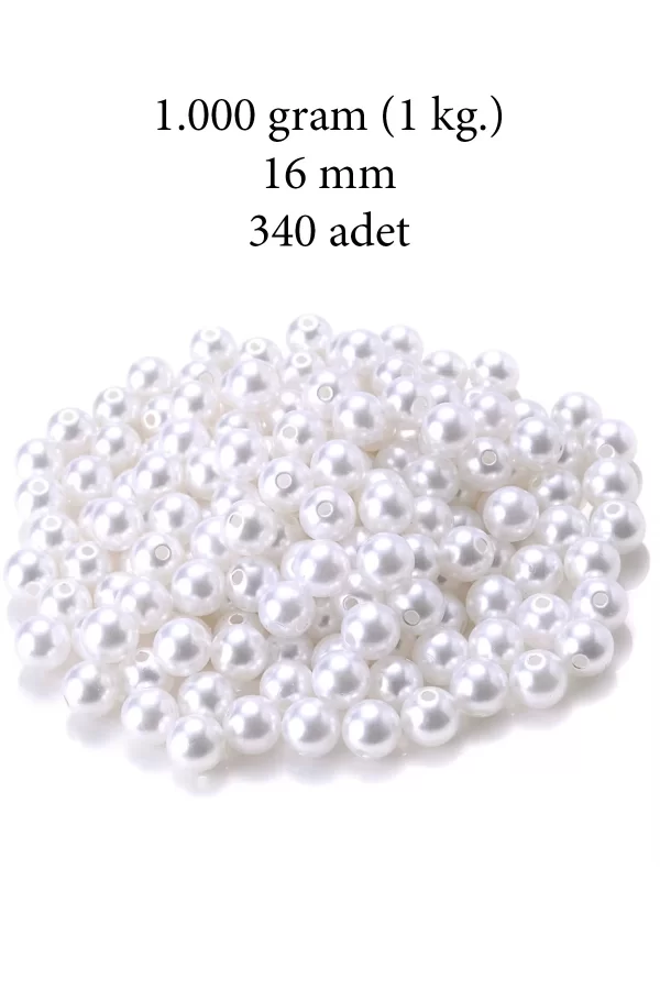 1.000 gram (1 kg.) 16mm Beyaz Renk Plastik İnci Boncuk Çanta ve Takı Yapım Boncuğu (~340 adet)