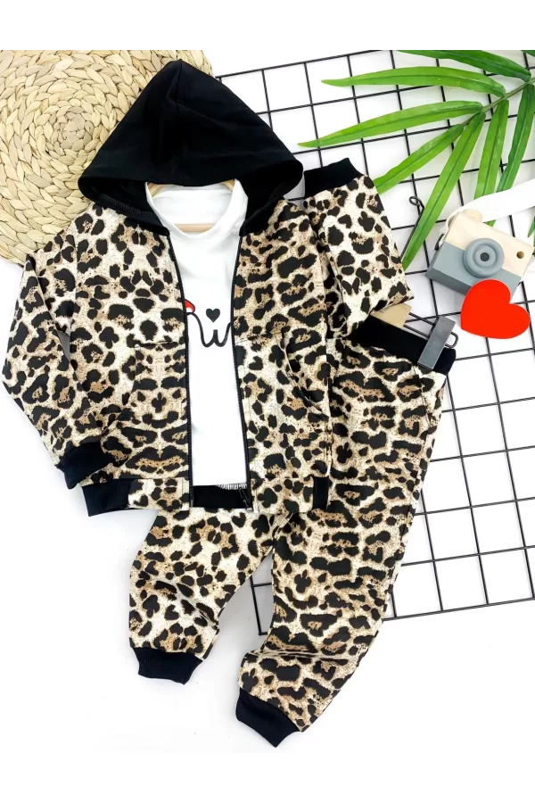 Luz&Pos 2-3-4-5 Yaş Kapşonlu Leopar Desenli Sweatli 3lü Kız Çocuk Takımı Kahverengi