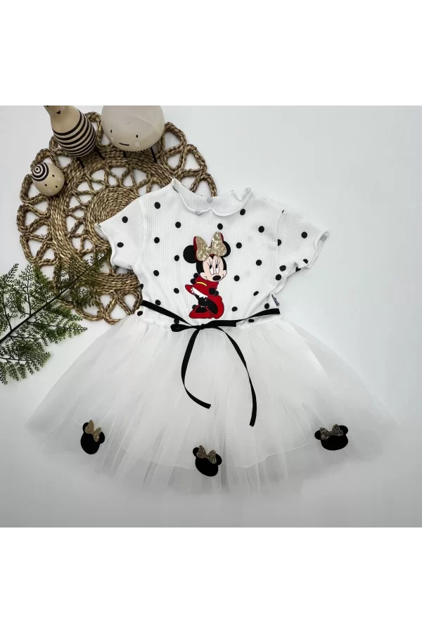 Luz&Pos 2-3-4 Yaş Puantiyeli Mickey Baskılı Kurdela Kuşaklı Astarlı Kız Bebek Tütü Elbisesi Beyaz