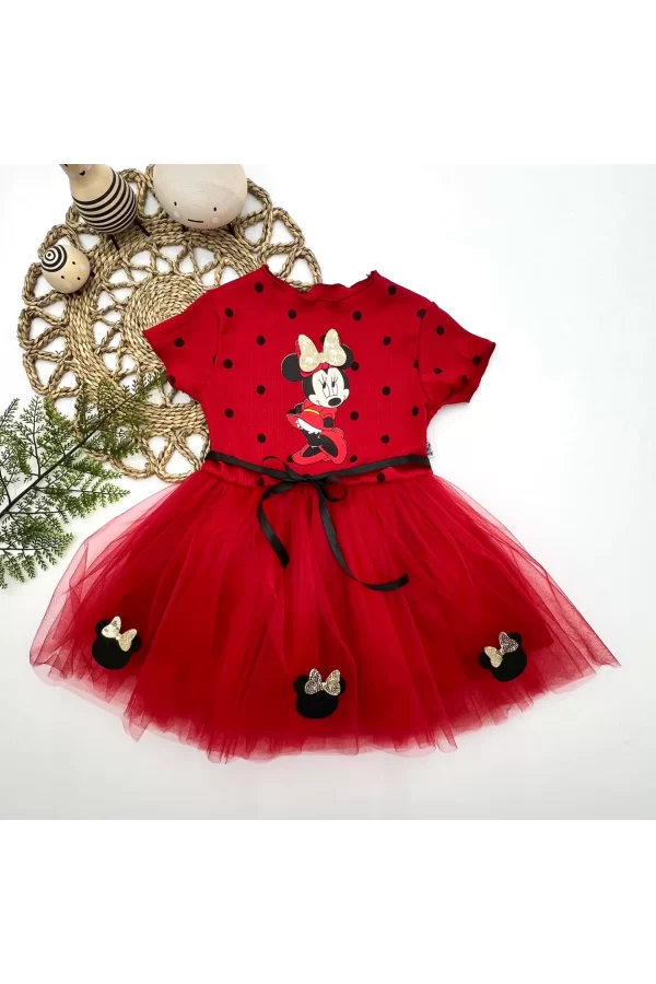 Luz&Pos 2-3-4 Yaş Puantiyeli Mickey Baskılı Kurdela Kuşaklı Astarlı Kız Bebek Tütü Elbisesi Kırmızı
