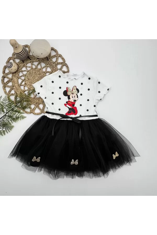 Luz&Pos 2-3-4 Yaş Puantiyeli Mickey Baskılı Kurdela Kuşaklı Astarlı Kız Bebek Tütü Elbisesi Siyah