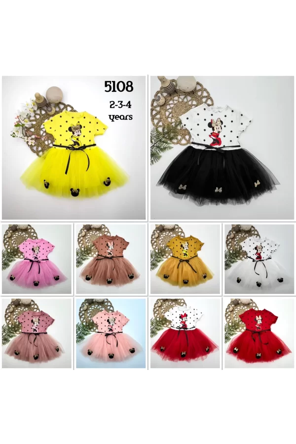 Luz&Pos 2-3-4 Yaş Puantiyeli Mickey Baskılı Kurdela Kuşaklı Astarlı Kız Bebek Tütü Elbisesi Kırmızı