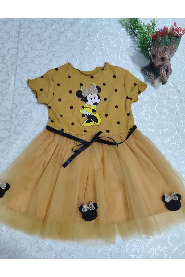 Luz&Pos 2-3-4 Yaş Puantiyeli Mickey Baskılı Kurdela Kuşaklı Astarlı Kız Bebek Tütü Elbisesi Hardal