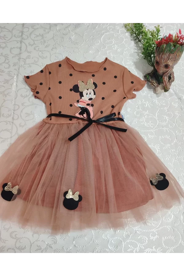 Luz&Pos 2-3-4 Yaş Puantiyeli Mickey Baskılı Kurdela Kuşaklı Astarlı Kız Bebek Tütü Elbisesi Kahverengi