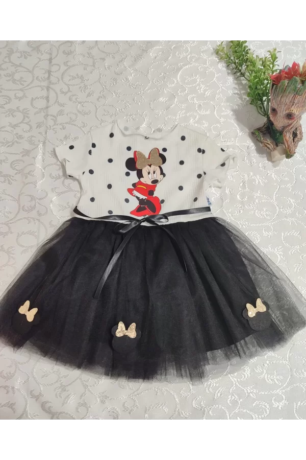 Luz&Pos 2-3-4 Yaş Puantiyeli Mickey Baskılı Kurdela Kuşaklı Astarlı Kız Bebek Tütü Elbisesi Siyah