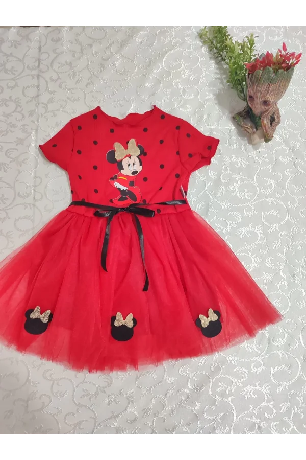Luz&Pos 2-3-4 Yaş Puantiyeli Mickey Baskılı Kurdela Kuşaklı Astarlı Kız Bebek Tütü Elbisesi Kırmızı